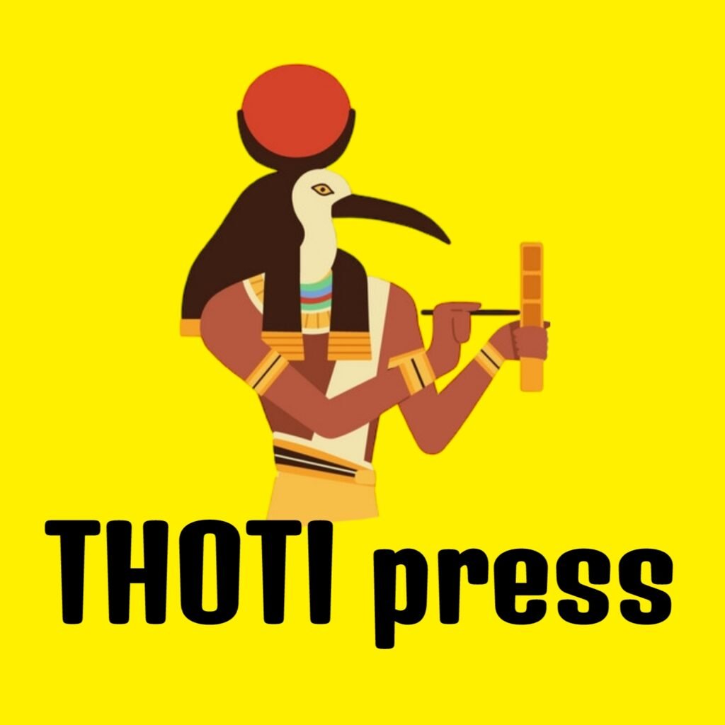 Illustration of an Egyptian figure with a bird head, holding a writing implement, against a yellow background. The text 'THOTI press' is prominently displayed.